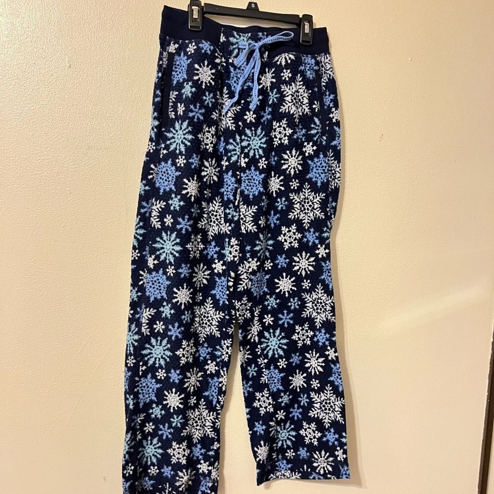 Nautica Pajama Pants Womens small  Christmas Blue White Snowflakes Tie Polyester
